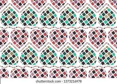 Abstract colored vector seamless pattern of leaves in the shape of hearts. Burgundy, violet, green, beige mosaic isolated on white background. For kids, holiday, cafe, interior and fabrics.