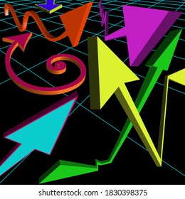 Ein abstraktes, bunter Bild mit einem Pfeil in 3D-Richtung.