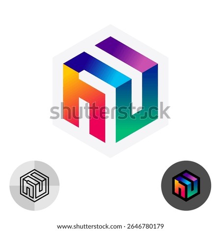 Abstract colorful 3D cube logo with wide gradient stripes. Wide bright color panels construction tech symbol. Hex construction creative sign