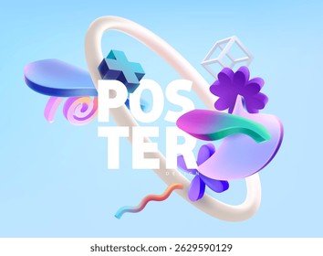Abstract colorful 3d elements of various unusual shapes. Complex Geometric shape  for poster design.