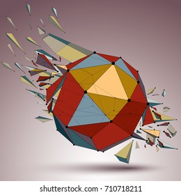 Abstract colorful 3d faceted figure with connected lines and dots. Vector low poly shattered design element with fragments and particles. Explosion effect.