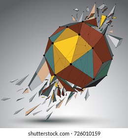 Abstract colorful 3d faceted figure with connected lines and dots. Vector low poly shattered design element with fragments and particles. Explosion effect.