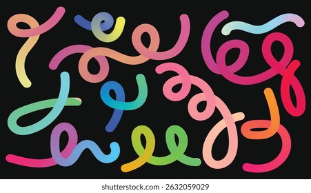 Abstract colorful 3D gradient wave lines forming ribbon shapes on black background for modern design