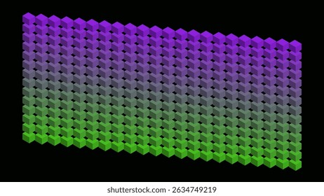 Abstract colorful 3d neon purple green squares on black background. Gradient texture. Geometric optical illusion. Podium panel. Tech card. Glitch Art trippy digital screen. Template. Virtual reality.