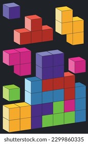 Abstract colorful 3d tetris bricks or shapes illustration.