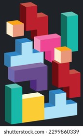 Abstract colorful 3d tetris bricks or shapes illustration.