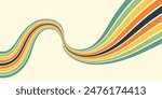 Abstract colorful 70s background vector. Vintage retro wallpaper with rainbow stripes and wavy lines. A 1970 color illustration suitable for posters, banners, decorative items and wall art.