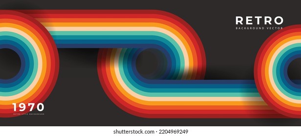 Abstract colorful 70s background vector. Vintage retro style wallpaper with lines, rainbow stripes, geometric shapes. 1970 color illustration design suitable for poster, banner, decorative, wall art.