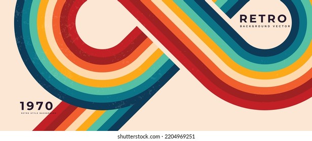 Resumen del colorido vector de fondo de los años 70. Papel pintado de estilo retro vintage con líneas, rayas arcoiris, formas geométricas. 1970 diseño de ilustración a color adecuado para afiches, banner, decorativo, arte de pared.