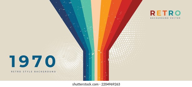 Abstract colorful 70s background vector. Vintage retro style wallpaper with lines, rainbow stripes, geometric shapes. 1970 color illustration design suitable for poster, banner, decorative, wall art.