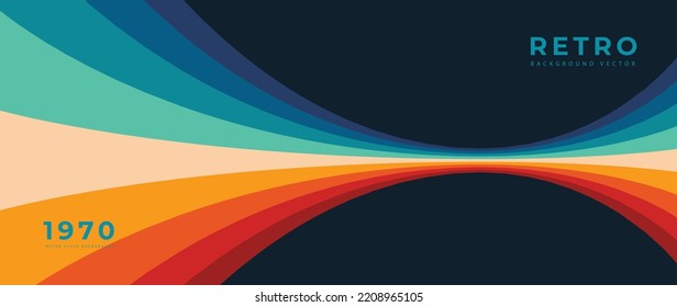 Abstract colorful 70s background vector. Vintage retro style wallpaper with lines, rainbow wavy stripes. 1970 color illustration design suitable for poster, banner, decorative, wall art.