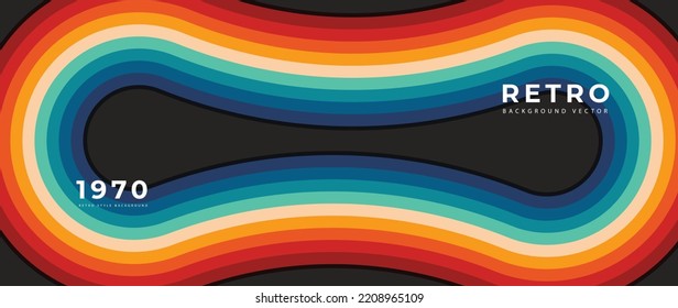 Abstract colorful 70s background vector. Vintage retro style wallpaper with rainbow stripes, curved lines, grunge, oval. 1970 color illustration design for poster, banner, decorative, wall art.