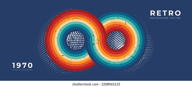 Abstract Colorful 70s Background Vector. Vintage Retro Style Wallpaper With Lines, Rainbow Stripes, Circles, Infinity. 1970 Color Illustration Design Suitable For Poster, Banner, Decorative, Wall Art.