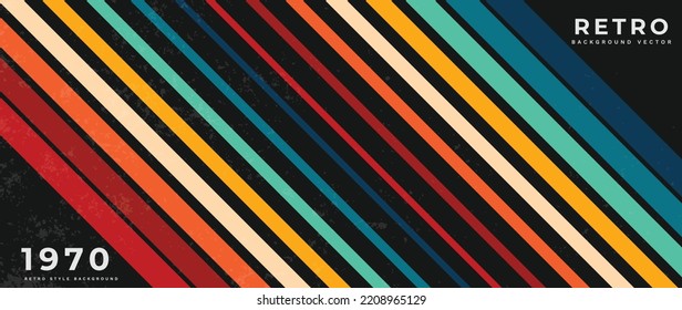 Abstract colorful 70s background vector. Vintage retro style wallpaper with rainbow stripes, lines, grunge texture. 1970 color illustration design suitable for poster, banner, decorative, wall art.