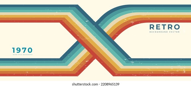Abstract colorful 70s background vector. Vintage retro style wallpaper with lines, rainbow stripes, grunge texture. 1970 color illustration design suitable for poster, banner, decorative, wall art.