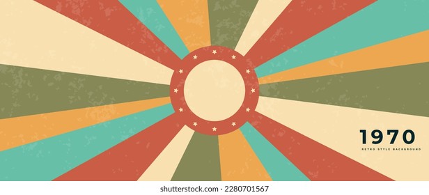 Abstract colorful 70s background vector. Vintage retro style wallpaper with rainbow stripes, lines, grunge, sun ray. 1970 color illustrated design suitable for poster, banner, decorative, wall art.