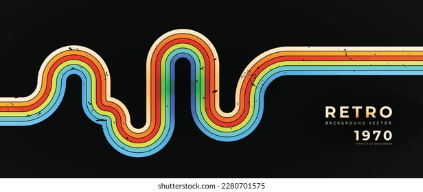 Abstract colorful 70s background vector. Vintage retro style wallpaper with rainbow stripes, wavy lines, grunge. 1970 color illustration design suitable for poster, banner, decorative, wall art.