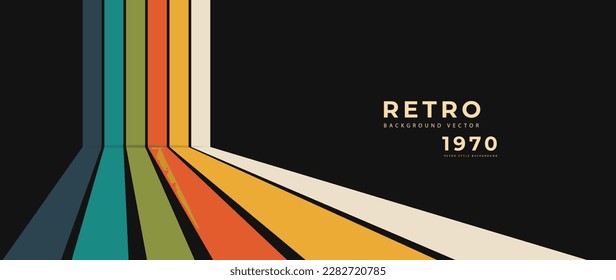 Abstract colorful 70s background vector. Vintage retro style wallpaper with lines, rainbow stripes, geometric shapes. 1970 color illustration design suitable for poster, banner, decorative, wall art.