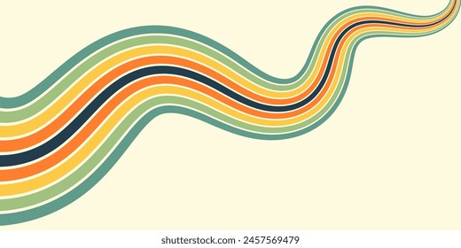 Abstract colorful 70s background vector. Vintage retro wallpaper with rainbow stripes and wavy lines. A 1970 color illustration suitable for posters, banners, decorative items and wall art.