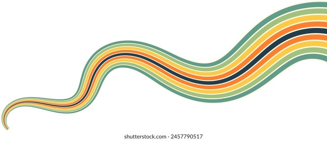 Abstract colorful 70s background vector. Vintage retro wallpaper with rainbow stripes and wavy lines. A 1970 color illustration suitable for posters, banners, decorative items and wall art.