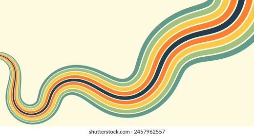 Abstract colorful 70s background vector. Vintage retro wallpaper with rainbow stripes and wavy lines. A 1970 color illustration suitable for posters, banners, decorative items and wall art.