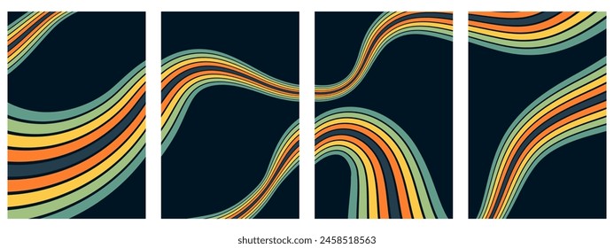 Abstract colorful 70s background vector. Vintage retro wallpaper with rainbow stripes and wavy lines. A 1970 color illustration suitable for posters, banners, decorative items and wall art.