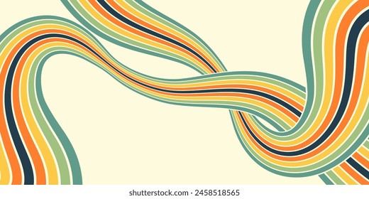 Abstract colorful 70s background vector. Vintage retro wallpaper with rainbow stripes and wavy lines. A 1970 color illustration suitable for posters, banners, decorative items and wall art.