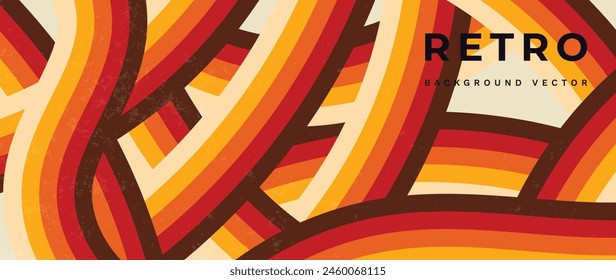 Abstract colorful 70s background vector. Vintage retro style wallpaper with rainbow stripes, wavy lines, grunge. 1970 color illustration design suitable for poster, banner, decorative, wall art.