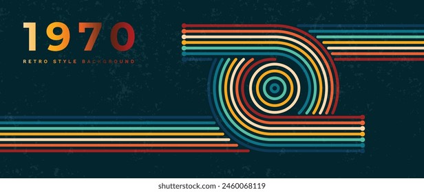 Abstrakte bunte 70er Jahre Hintergrund Vektorgrafik. Klassischer Bildschirmhintergrund im Retro-Stil mit Regenbogenstreifen, Wellenlinien, Grunge. 1970 Farbabbildung Design geeignet für Poster, Banner, Dekoration, Wandkunst.