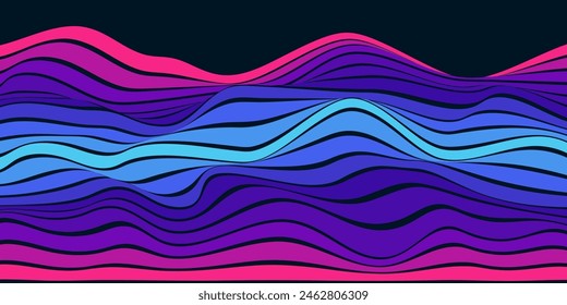 Abstract colorful 70s background vector. Vintage retro wallpaper with rainbow stripes and wavy lines. A 1970 color illustration suitable for posters, banners, decorative items and wall art.