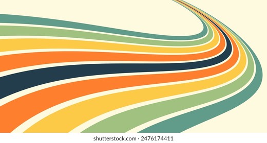 Abstract colorful 70s background vector. Vintage retro wallpaper with rainbow stripes and wavy lines. A 1970 color illustration suitable for posters, banners, decorative items and wall art.