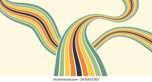 Abstract colorful 70s background vector. Vintage retro wallpaper with rainbow stripes and wavy lines. A 1970 color illustration suitable for posters, banners, decorative items and wall art.