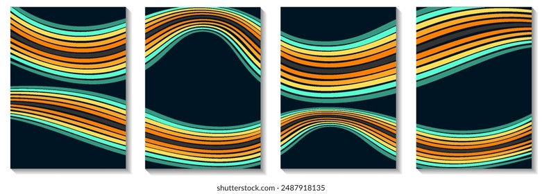 Abstract colorful 70s background vector. Vintage retro wallpaper with rainbow stripes and wavy lines. A 1970 color illustration suitable for posters, banners, decorative items and wall art.