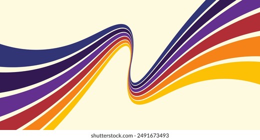 Abstract colorful 70s background vector. Vintage retro wallpaper with rainbow stripes and wavy lines. A 1970 color illustration suitable for posters, banners, decorative items and wall art.