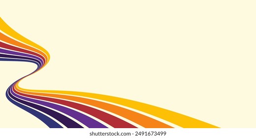 Abstract colorful 70s background vector. Vintage retro wallpaper with rainbow stripes and wavy lines. A 1970 color illustration suitable for posters, banners, decorative items and wall art.