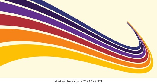 Abstract colorful 70s background vector. Vintage retro wallpaper with rainbow stripes and wavy lines. A 1970 color illustration suitable for posters, banners, decorative items and wall art.