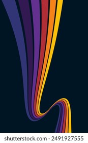 Abstract colorful 70s background vector. Vintage retro wallpaper with rainbow stripes and wavy lines. A 1970 color illustration suitable for posters, banners, decorative items and wall art.