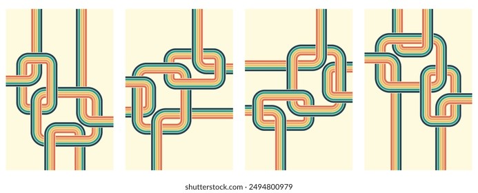 Abstract colorful 70s background vector. Vintage retro wallpaper with rainbow stripes and wavy lines. A 1970 color illustration suitable for posters, banners, decorative items and wall art.