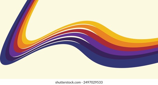 Abstract colorful 70s background vector. Vintage retro wallpaper with rainbow stripes and wavy lines. A 1970 color illustration suitable for posters, banners,
