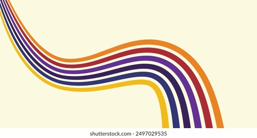 Abstract colorful 70s background vector. Vintage retro wallpaper with rainbow stripes and wavy lines. A 1970 color illustration suitable for posters, banners,