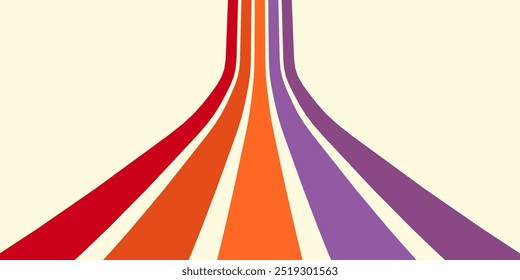 Abstract colorful 70s background vector. Vintage retro wallpaper with rainbow stripes and wavy lines. A 1970 color illustration suitable for posters, banners, decorative items and wall art.
