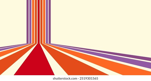 Abstrakter, bunter 70er-Jahre-Hintergrundvektor. Vintage Retro Tapete mit Regenbogenstreifen und gewellten Linien. Eine 1970 farbige Illustration, die sich für Poster, Banner, Dekorationsgegenstände und Wandkunst eignet.