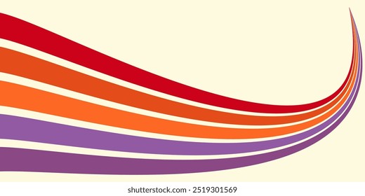 Vetor de fundo colorido abstrato dos anos 70. Vintage papel de parede retro com listras arco-íris e linhas onduladas. Ilustração a cores de 1970 adequada para cartazes, banners, itens decorativos e arte de parede.