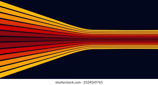 Abstrakter, bunter 70er-Jahre-Hintergrundvektor. Vintage Retro Tapete mit Regenbogenstreifen und gewellten Linien. Eine 1970 farbige Illustration, die sich für Poster, Banner, Dekorationsgegenstände und Wandkunst eignet.