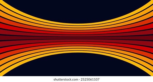 Abstract colorful 70s background vector. Vintage retro wallpaper with rainbow stripes and wavy lines. A 1970 color illustration suitable for posters, banners, decorative items and wall art.