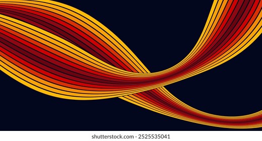 Abstract colorful 70s background vector. Vintage retro wallpaper with rainbow stripes and wavy lines. A 1970 color illustration suitable for posters, banners, decorative items and wall art.