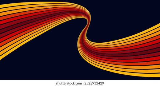 Vetor de fundo colorido abstrato dos anos 70. Vintage papel de parede retro com listras arco-íris e linhas onduladas. Ilustração a cores de 1970 adequada para cartazes, banners, itens decorativos e arte de parede.