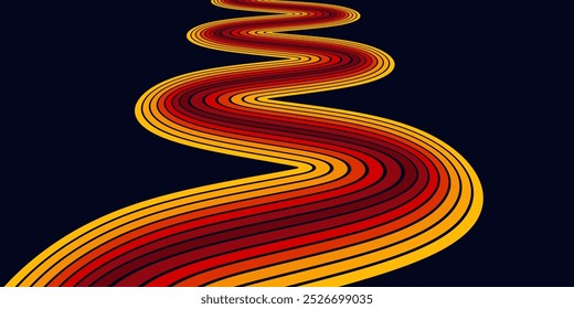 Abstract colorful 70s background vector. Vintage retro wallpaper with rainbow stripes and wavy lines. A 1970 color illustration suitable for posters, banners, decorative items and wall art.