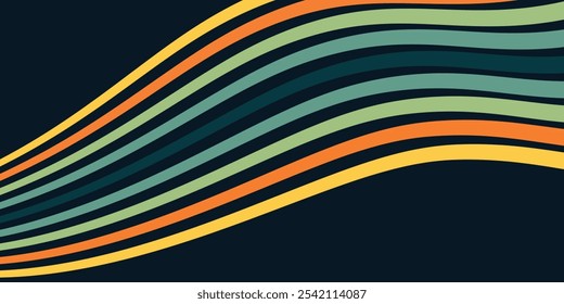 Abstract colorful 70s background vector. Vintage retro wallpaper with rainbow stripes and wavy lines. 