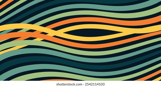 Abstract colorful 70s background vector. Vintage retro wallpaper with rainbow stripes and wavy lines. 